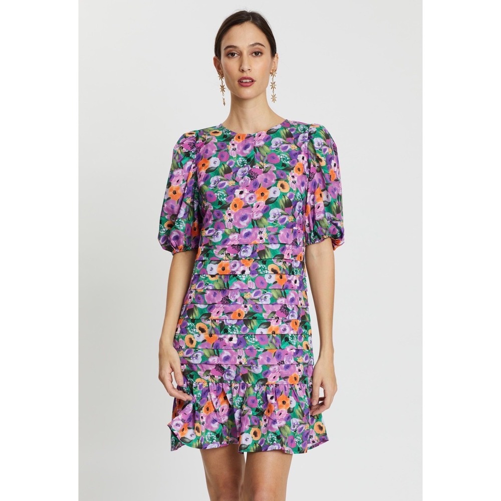Never Fully Dressed Purple‎ Floral Tiered Fancy Puff Sleeve Mini Dress Size US 6